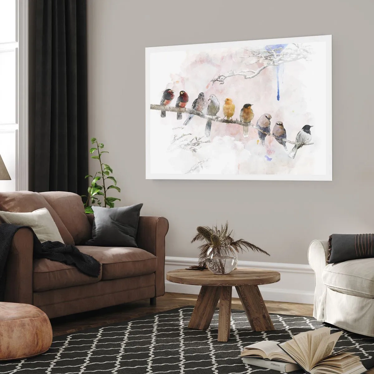 Plakat - Kolorowe ptaki na gałęzi w akwarelowym stylu - 100x70cm - Skrzydlate spotkanie - Nowoczesna dekoracja ścienna do salonu i sypialni ARTTOR