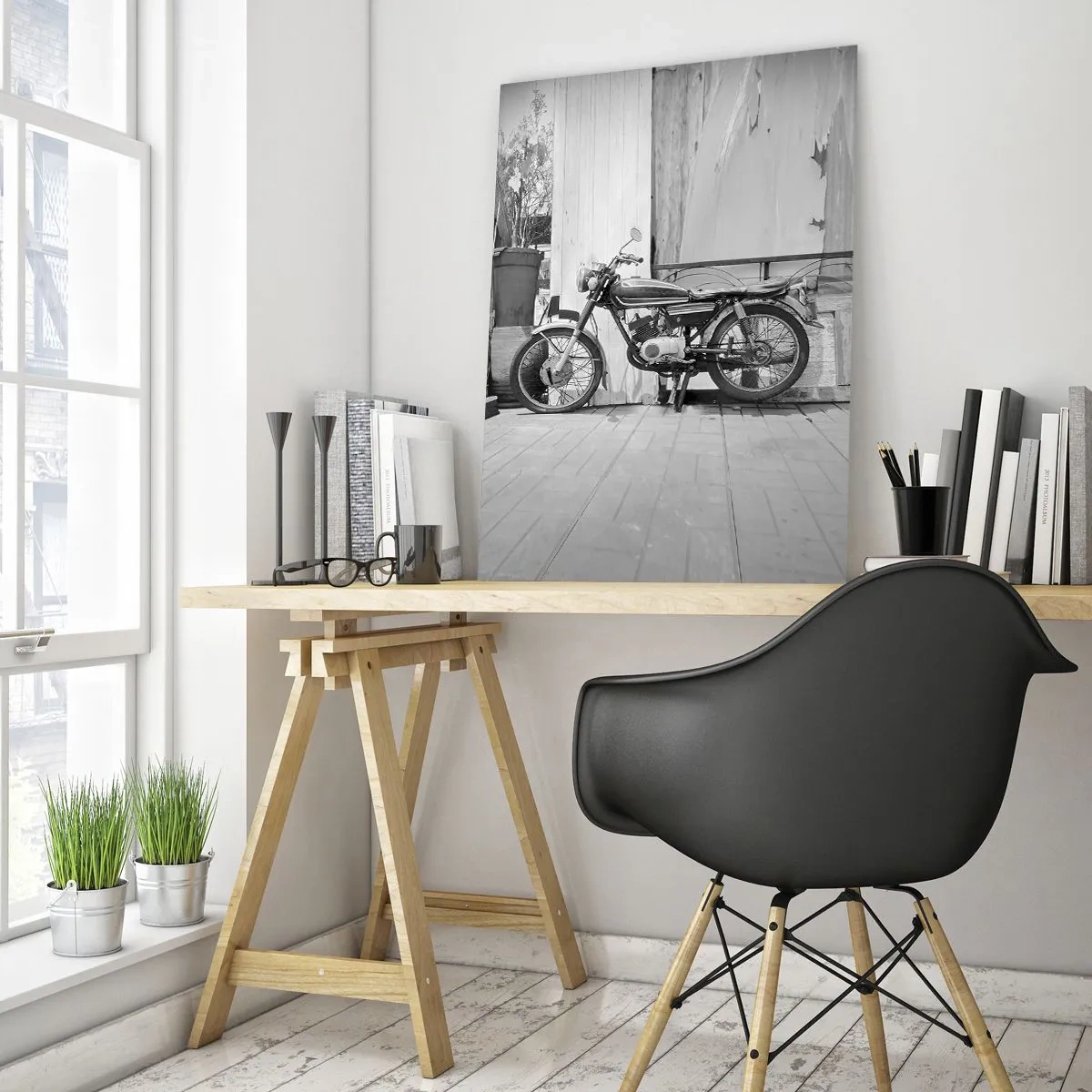 Obraz na szkle - Motocykl w stylu retro stojący na tle drewnianych ścian - 50x70cm - Klasyka ponad wszystko - Nowoczesna dekoracja ścienna do salonu, kuchni i sypialni ARTTOR