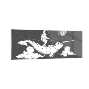 Obraz na szkle - Astronauta na grzbiecie narwala unoszącego się w kosmicznej scenerii - 140x50cm - Kosmiczny jeździec - Nowoczesna dekoracja ścienna do salonu i sypialni ARTTOR