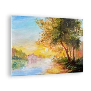 Obraz na szkle - Jezioro z drzewami o zachodzie słońca - 70x50cm - Et in Arcadia ego - Nowoczesna dekoracja ścienna do salonu i sypialni ARTTOR