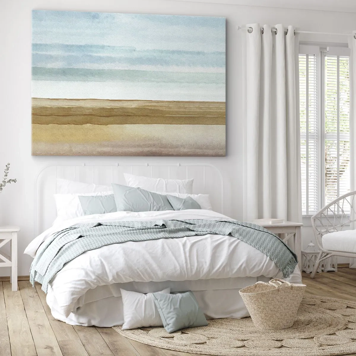 Obraz na płótnie - Abstrakcyjny pejzaż plaży w pastelowych odcieniach - 70x50cm - Ukojenie - Nowoczesna dekoracja ścienna do salonu i sypialni ARTTOR