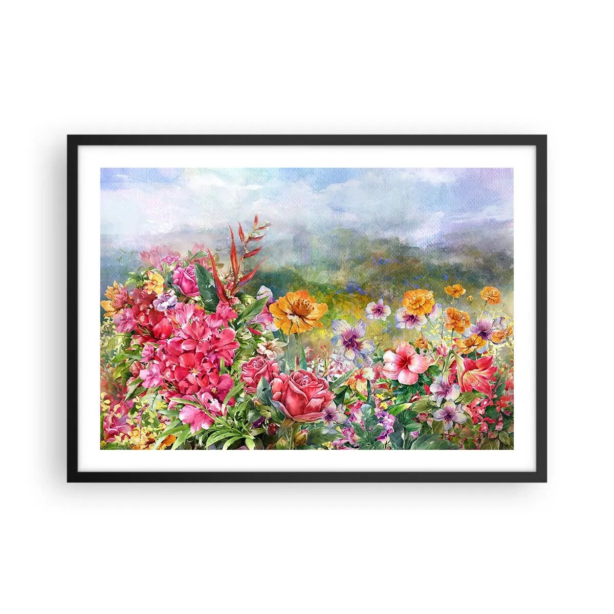 Plakat w czarnej ramie - Barwna kompozycja kwiatów na tle pejzażu w pastelowych kolorach - 70x50cm - Ogród, który oszalał - Nowoczesna dekoracja ścienna do salonu i sypialni ARTTOR