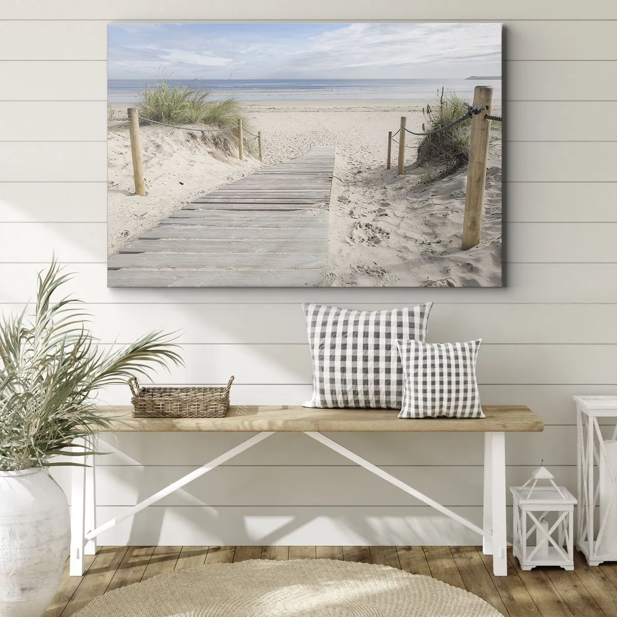 Obraz na płótnie - Ścieżka z desek prowadząca na piaszczystą plażę - 70x50cm - Po horyzont - Nowoczesna dekoracja ścienna do salonu i sypialni ARTTOR