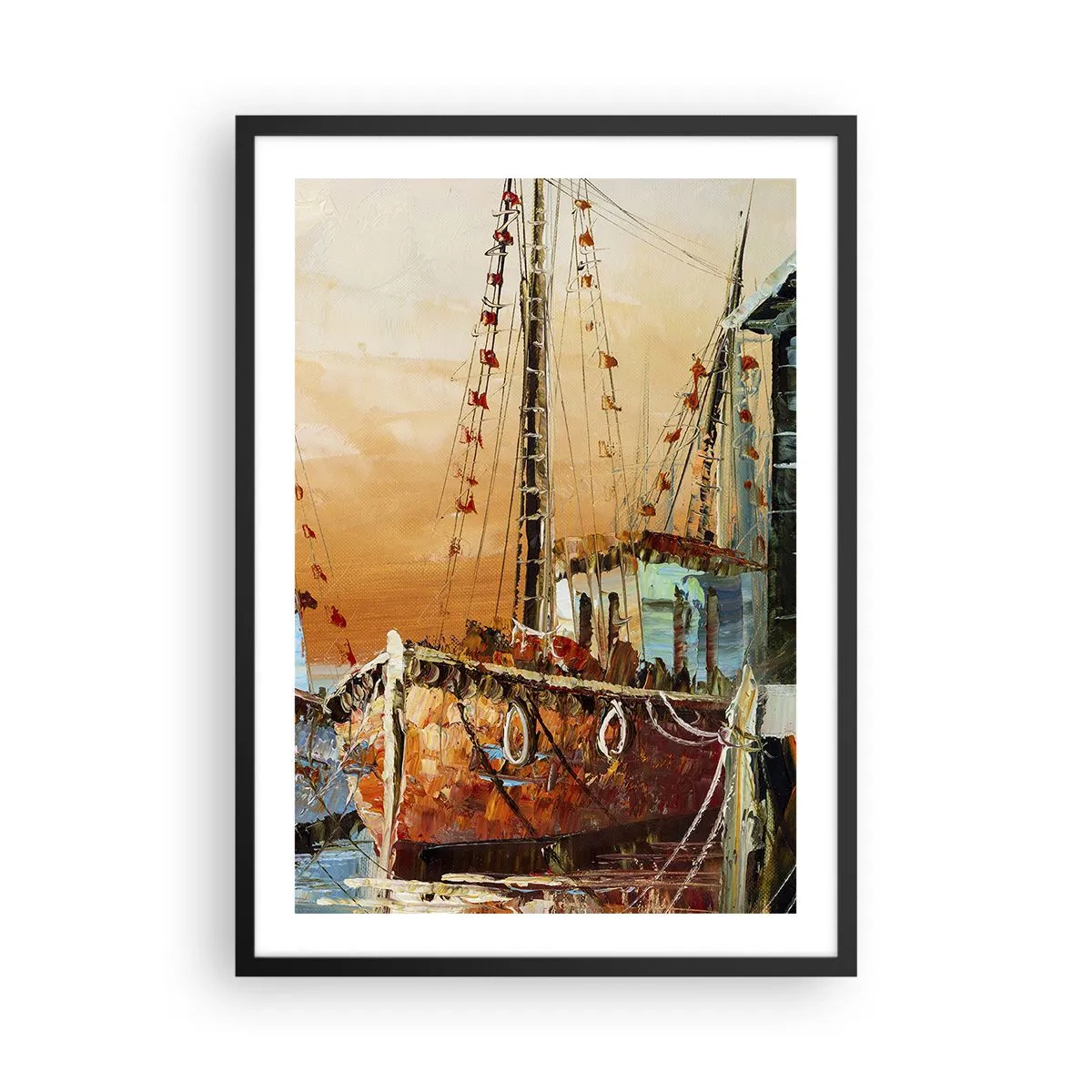 Plakat w czarnej ramie - Żaglowiec na tle zachodzącego słońca - 50x70cm - Spokojny powrót - Nowoczesna dekoracja ścienna do salonu i sypialni ARTTOR
