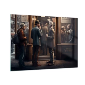 Obraz na szkle - Mężczyźni rozmawiający przed kawiarnią w miejskim klimacie retro - 70x50cm - Dobra chwila dnia - Nowoczesna dekoracja ścienna do salonu i sypialni ARTTOR