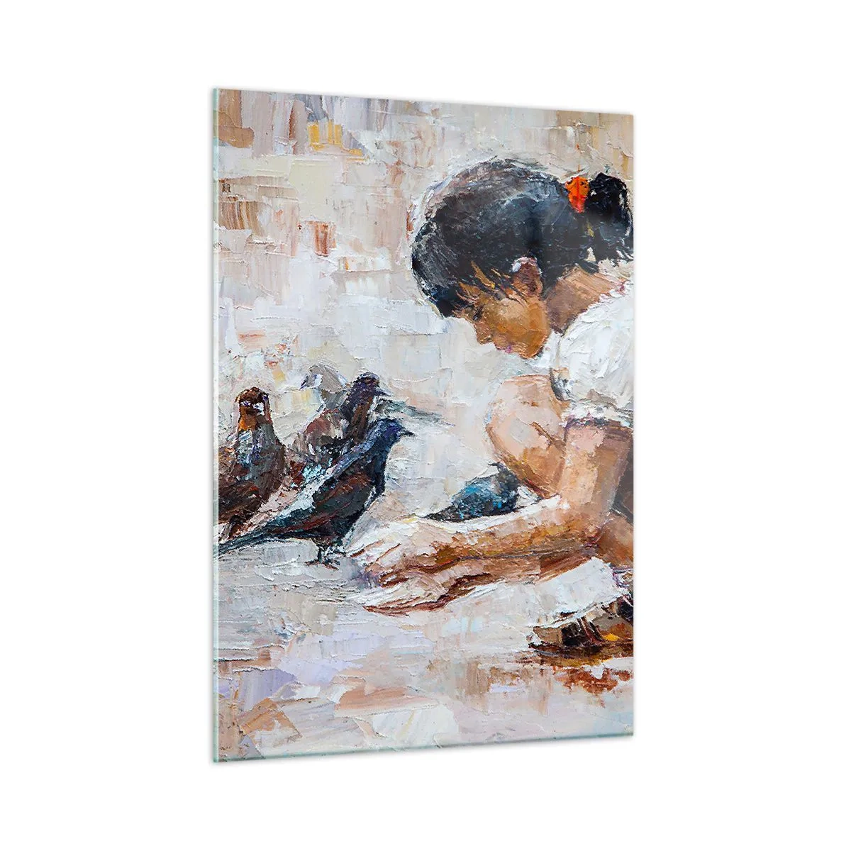 Obraz na szkle - Dziewczynka karmiąca ptaki na tle impresjonistycznym - 50x70cm - Maluczcy i najmilsi - Nowoczesna dekoracja ścienna do salonu, kuchni i sypialni ARTTOR