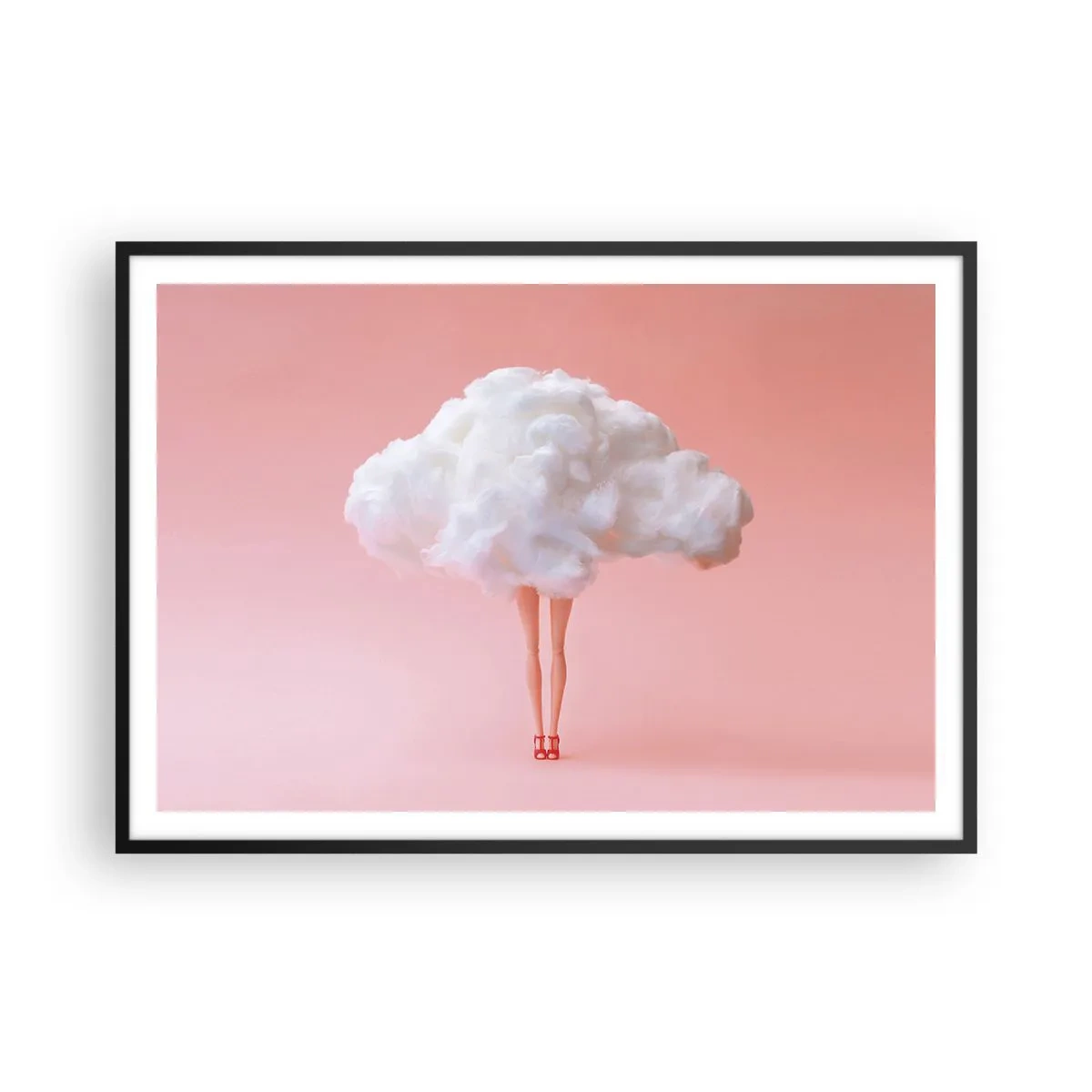 Plakat w czarnej ramie - Nogi w chmurze na różowym tle - 100x70cm - Słodka obietnica - Nowoczesna dekoracja ścienna do salonu i sypialni ARTTOR