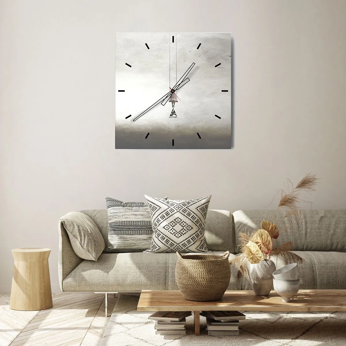 Zegar ścienny - Postać na huśtawce zawieszonej w przestrzeni - 30x30cm - Dziecko w nas - Nowoczesna dekoracja ścienna do salonu i sypialni ARTTOR