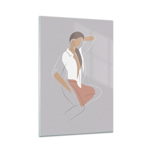 Obraz na szkle - Minimalistyczny portret kobiety w pastelowych barwach - 80x120cm - Zarys wdzięku - Nowoczesna dekoracja ścienna do salonu i sypialni ARTTOR