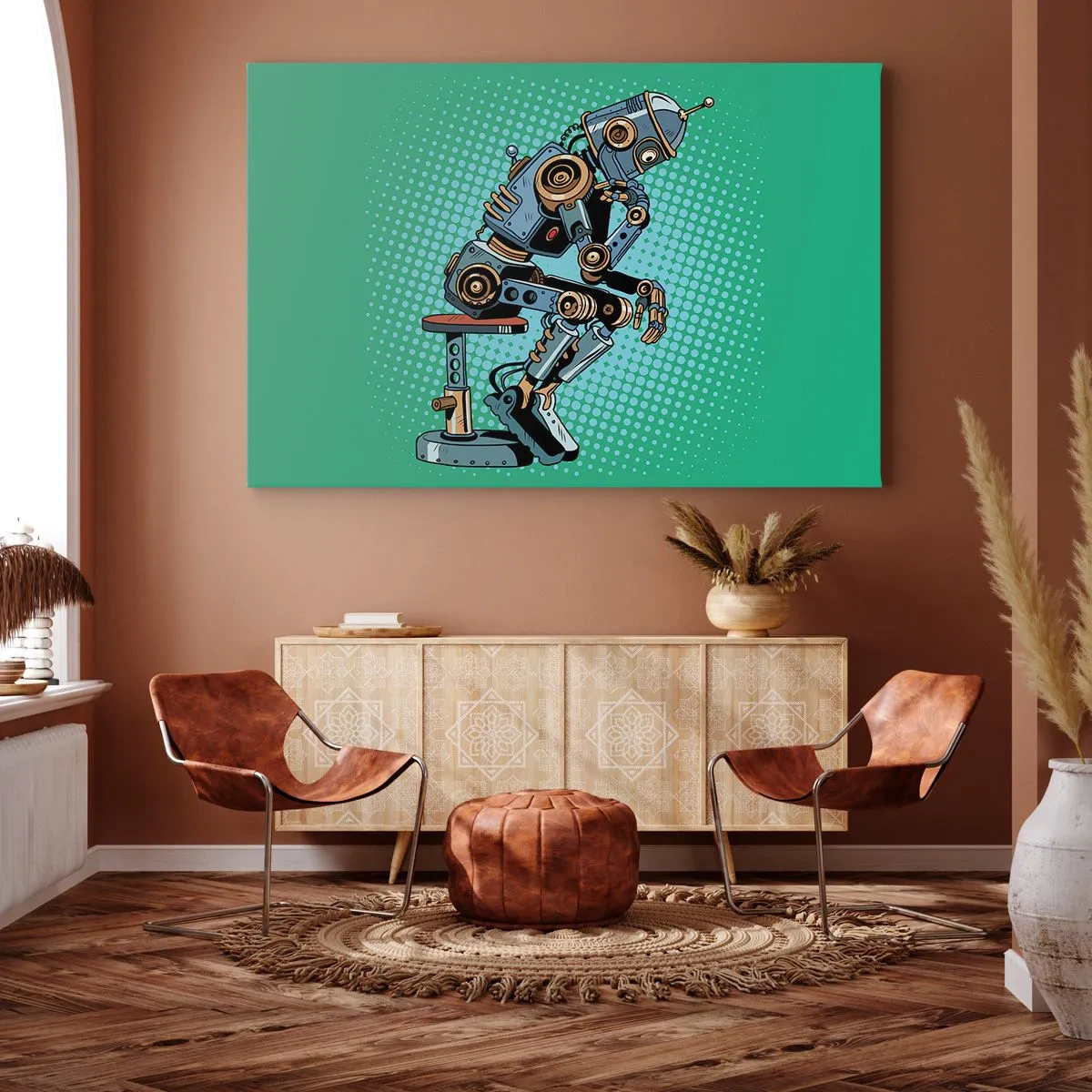 Obraz na płótnie - Nad istotą bytu - Robot myśliciel w stylu pop-art na zielonym tle - 70x50cm