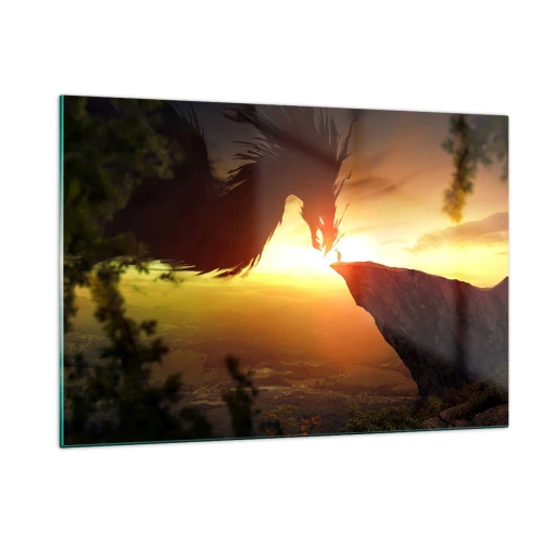 Obraz na szkle - Smok w blasku zachodzącego słońca nad urwiskiem - 120x80cm - Pogromca smoka - Nowoczesna dekoracja ścienna do salonu, kuchni i sypialni ARTTOR