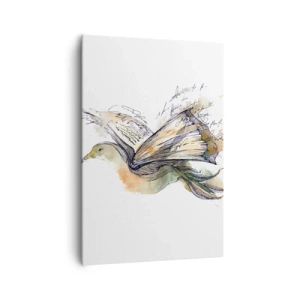 Obraz na płótnie - Artystyczna akwarela ptaka z książką jako skrzydłami - 70x100cm - Na skrzydłach poezji - Nowoczesna dekoracja ścienna do salonu i sypialni ARTTOR