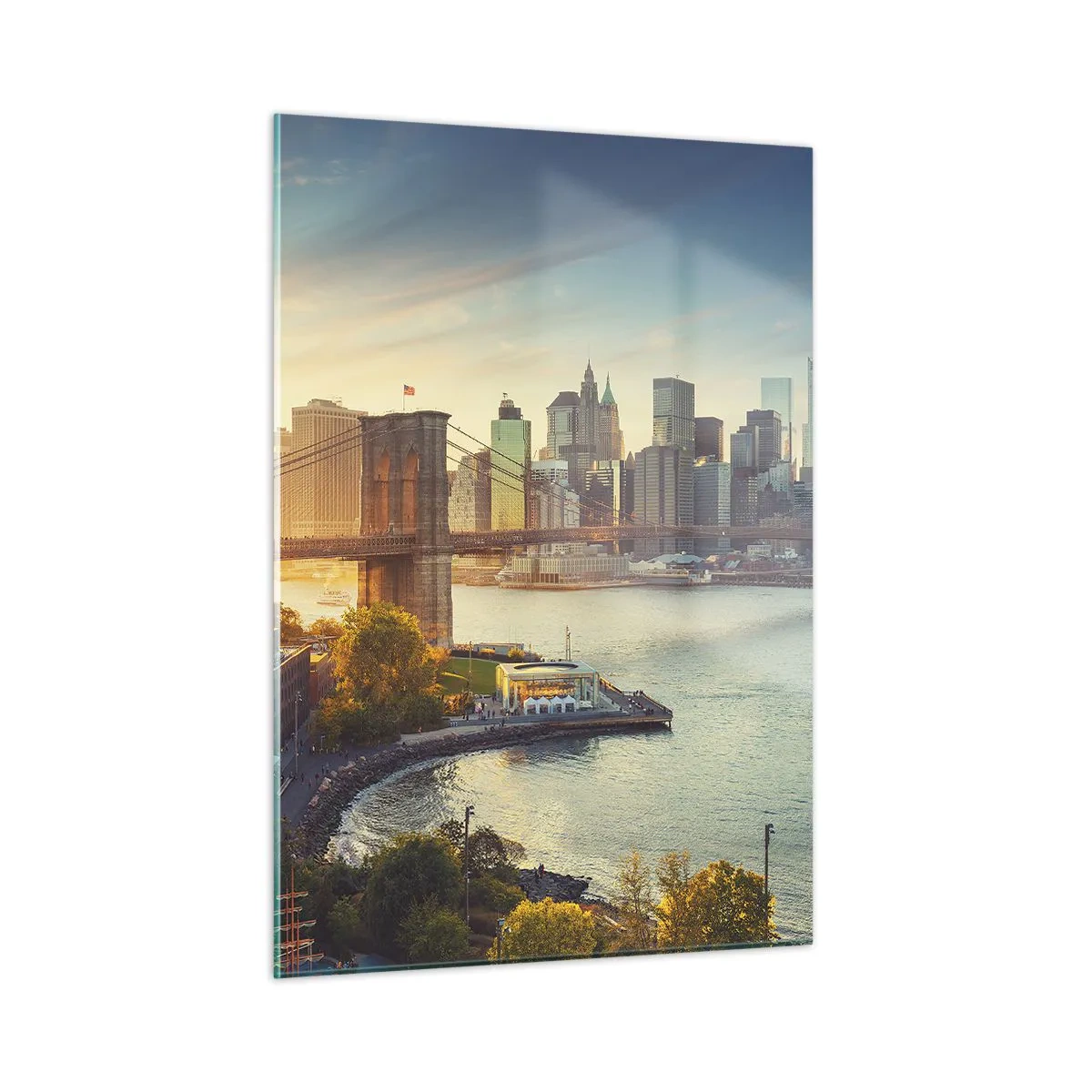 Obraz na szkle - Panorama Nowego Jorku z mostem Brooklyn - 50x70cm - Wielkomiejski świt - Nowoczesna dekoracja ścienna do salonu, kuchni i sypialni ARTTOR