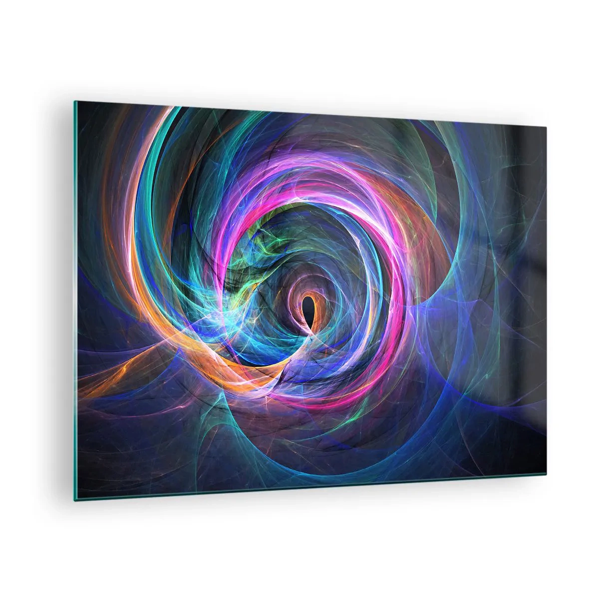 Obraz na szkle - Abstrakcyjna spirala w intensywnych barwach na ciemnym tle - 70x50cm - Dokąd mnie zaprowadzisz? - Nowoczesna dekoracja ścienna do salonu i sypialni ARTTOR