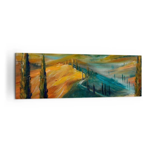 Obraz na płótnie - Toskański krajobraz z polami, drogą i cyprysami - 160x50cm - Toskański pejzaż - Nowoczesna dekoracja ścienna do salonu i sypialni ARTTOR