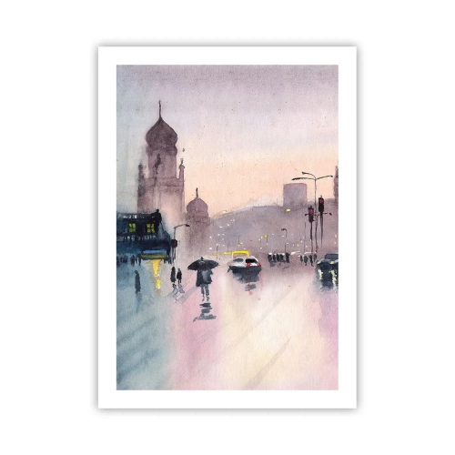 Plakat - Scena miejska z sylwetkami ludzi i światłami w deszczowej mgiełce - 50x70cm - W deszczowej mgiełce - Nowoczesna dekoracja ścienna do salonu, kuchni i sypialni ARTTOR