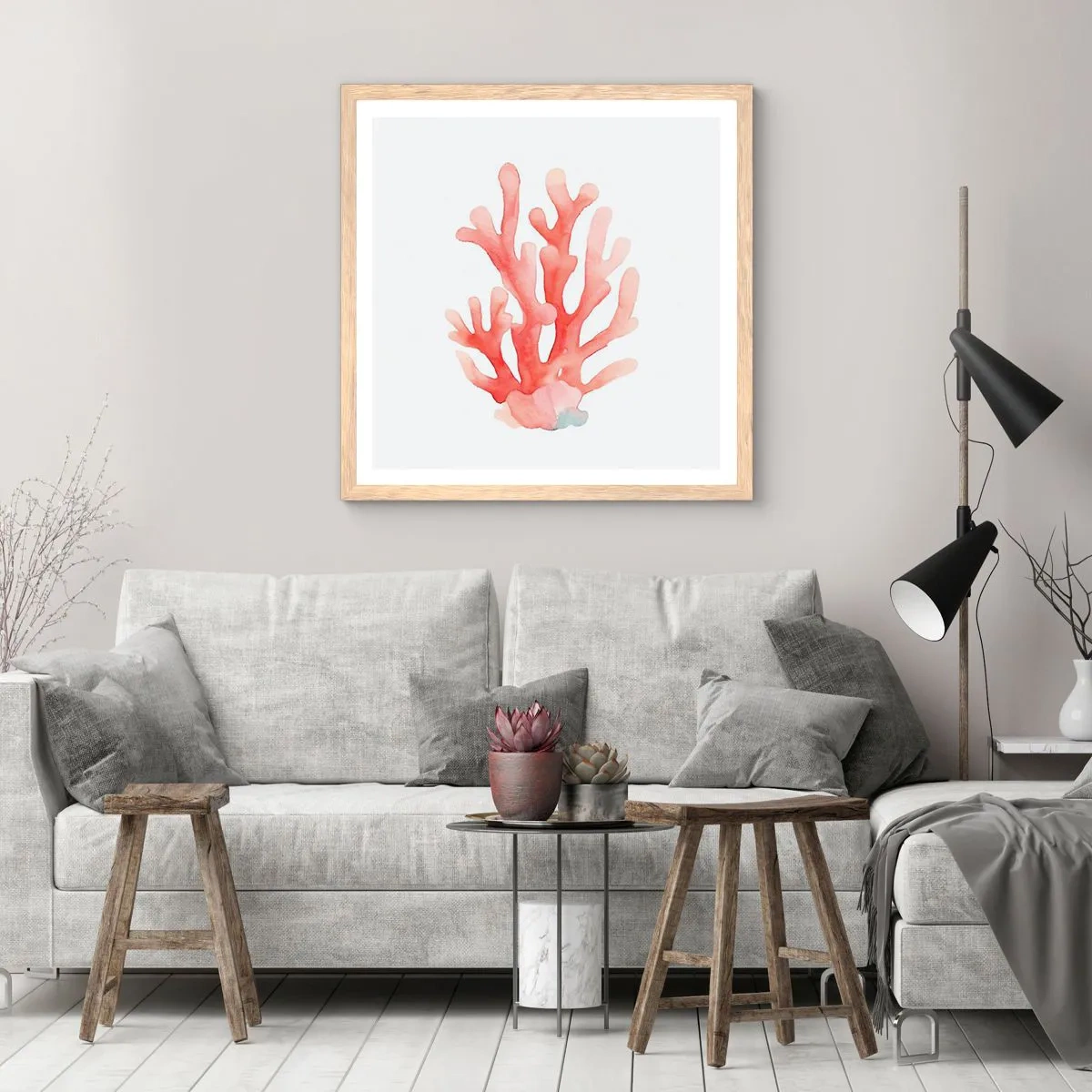 Plakat w ramie jasny dąb - Koral koloru koralowego - 50x50 cm