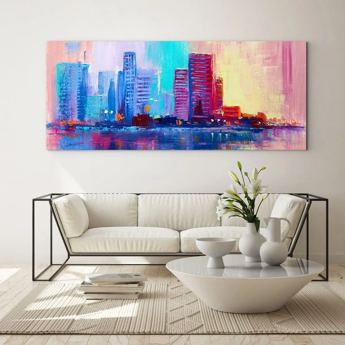 Obraz na szkle - Kolorowa panorama miasta w akwarelowym stylu - 120x50cm - Skąpane w barwach - Nowoczesna dekoracja ścienna do salonu i sypialni ARTTOR