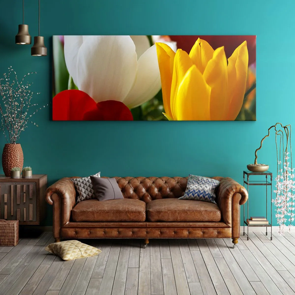 Obraz na płótnie - Kolorowe tulipany w zbliżeniu na wiosennym tle - 140x50cm - Tulipanowa gorączka - Nowoczesna dekoracja ścienna do salonu i sypialni ARTTOR