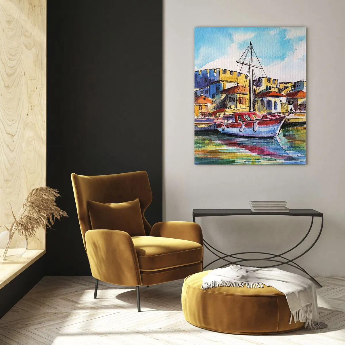 Obraz na szkle - Kolorowa marina z żaglówką i śródziemnomorską zabudową - 50x70cm - Tęczowe popołudnie - Nowoczesna dekoracja ścienna do salonu, kuchni i sypialni ARTTOR
