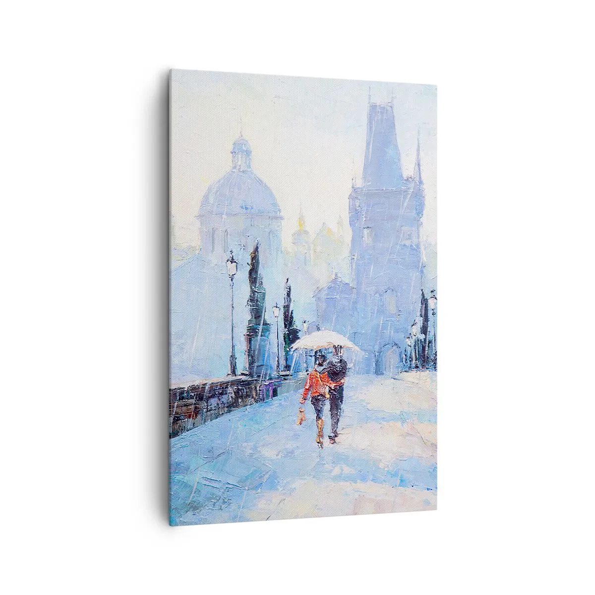 Obraz na płótnie - Romantyczna para na moście w deszczu, malarska scena - 80x120cm - Nas zaczarować musiał deszcz - Nowoczesna dekoracja ścienna do salonu i sypialni ARTTOR