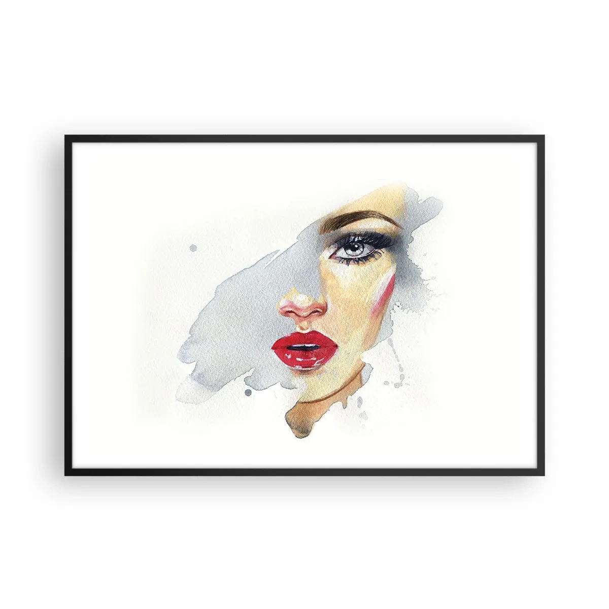 Plakat w czarnej ramie - Portret kobiety w akwarelowym stylu z intensywnym spojrzeniem - 100x70cm - Odbicie w kropli wody - Nowoczesna dekoracja ścienna do salonu i sypialni ARTTOR