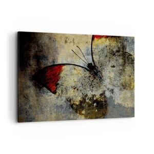 Obraz na płótnie - Motyl w odcieniach czerwieni i szarości na teksturowanym tle - 120x80cm - Patrz, zanim zniknę - Nowoczesna dekoracja ścienna do salonu, kuchni i sypialni ARTTOR
