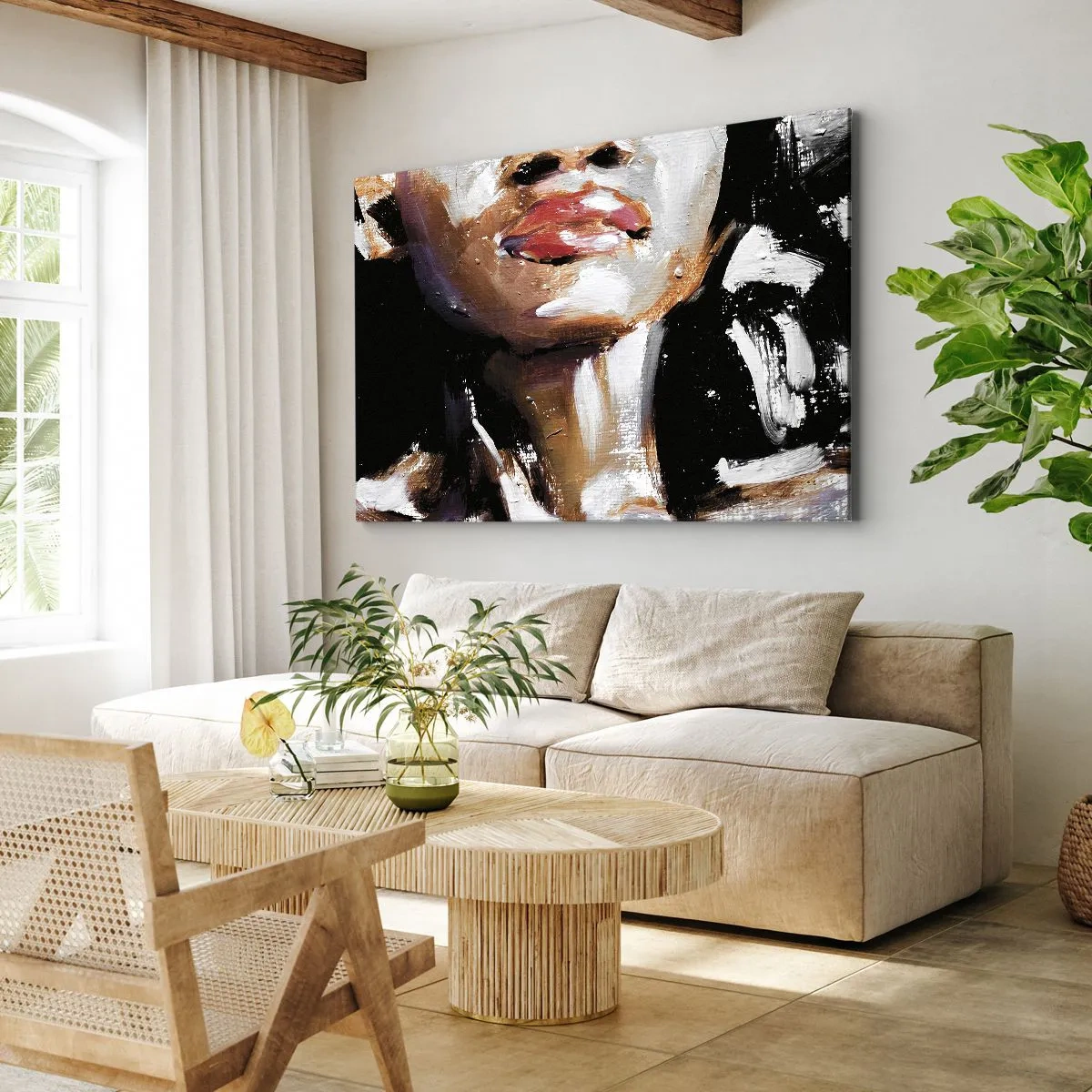 Obraz na płótnie - Portret kobiety w ekspresyjnym stylu malarskim na ciemnym tle - 70x50cm - Duma bez uprzedzeń - Nowoczesna dekoracja ścienna do salonu i sypialni ARTTOR