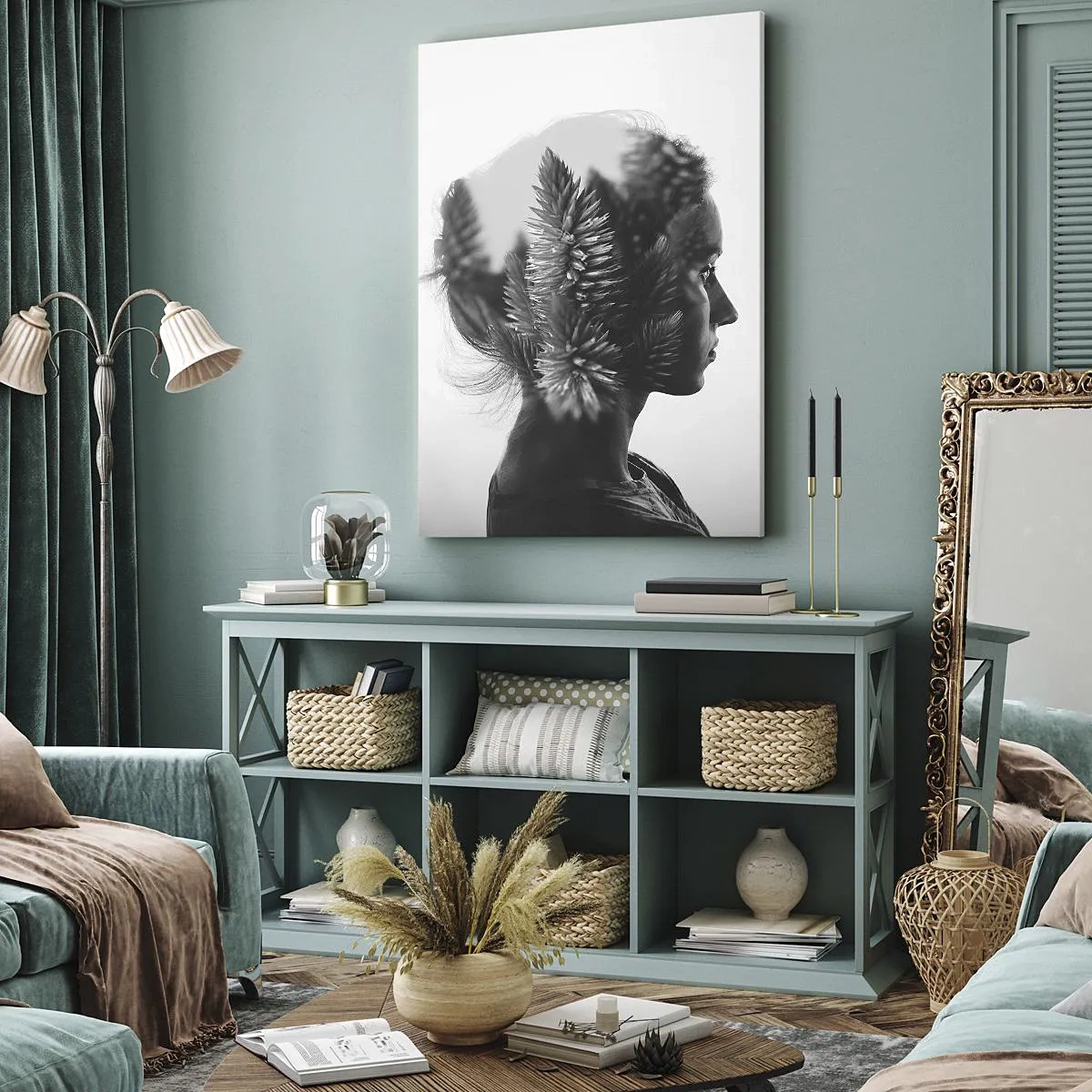 Obraz na płótnie - Czarno-biała sylwetka kobiety z roślinnym motywem w technice podwójnej ekspozycji - 50x70cm - Pani sosnowego lasu - Nowoczesna dekoracja ścienna do salonu, kuchni i sypialni ARTTOR