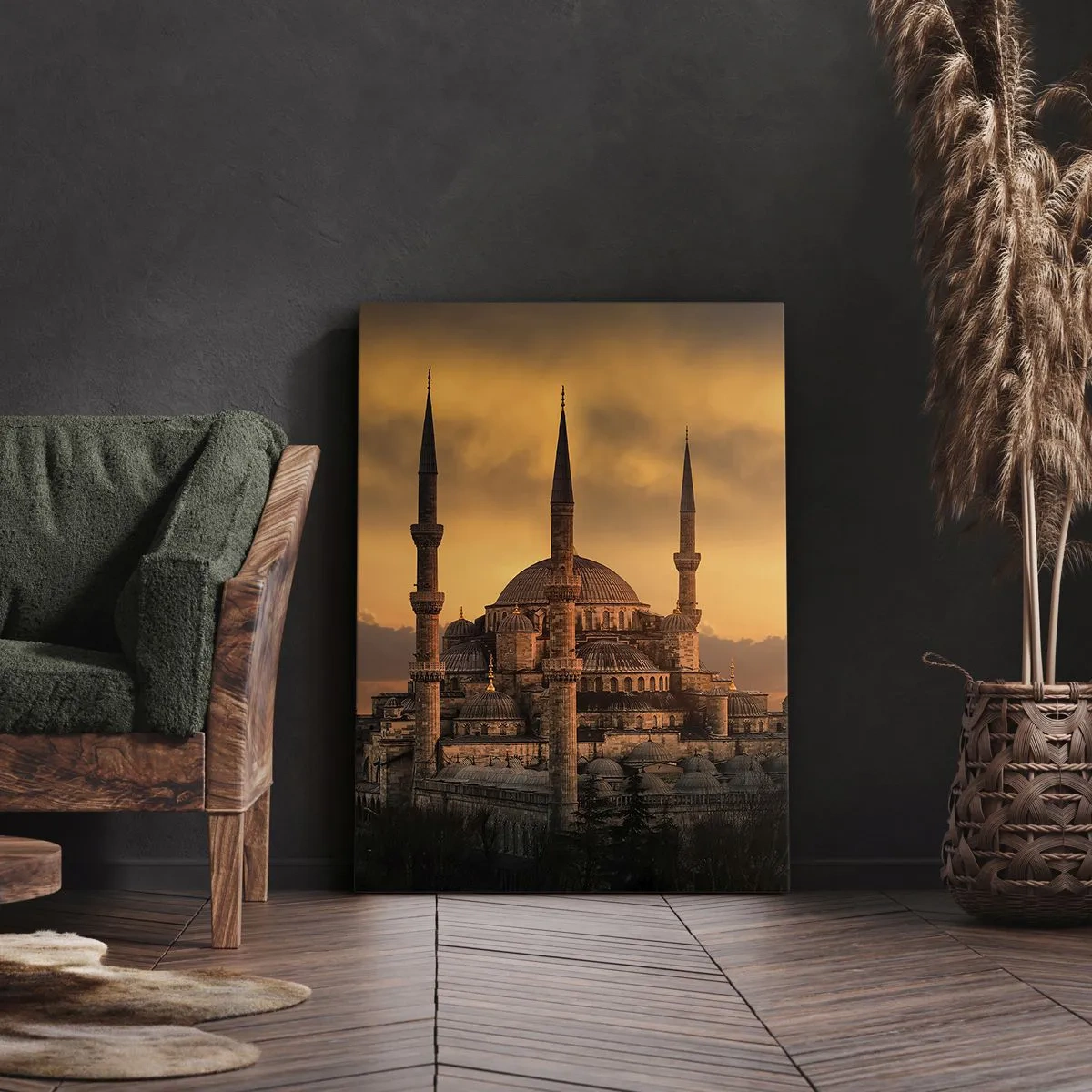 Obraz na płótnie - Złocisty widok na meczet o zachodzie słońca - 50x70cm - Bóg jest wielki - Nowoczesna dekoracja ścienna do salonu, kuchni i sypialni ARTTOR