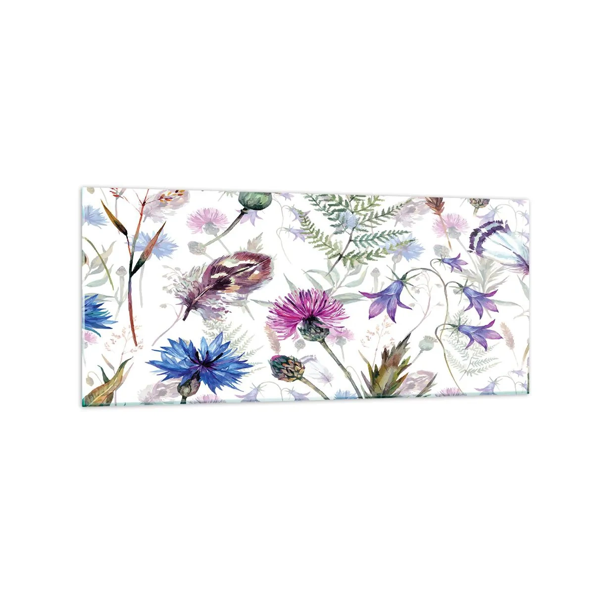 Obraz na szkle - Akwarelowe kwiaty i zioła na białym tle w stylu zielnika - 120x50cm - Polski zielnik - Nowoczesna dekoracja ścienna do salonu i sypialni ARTTOR