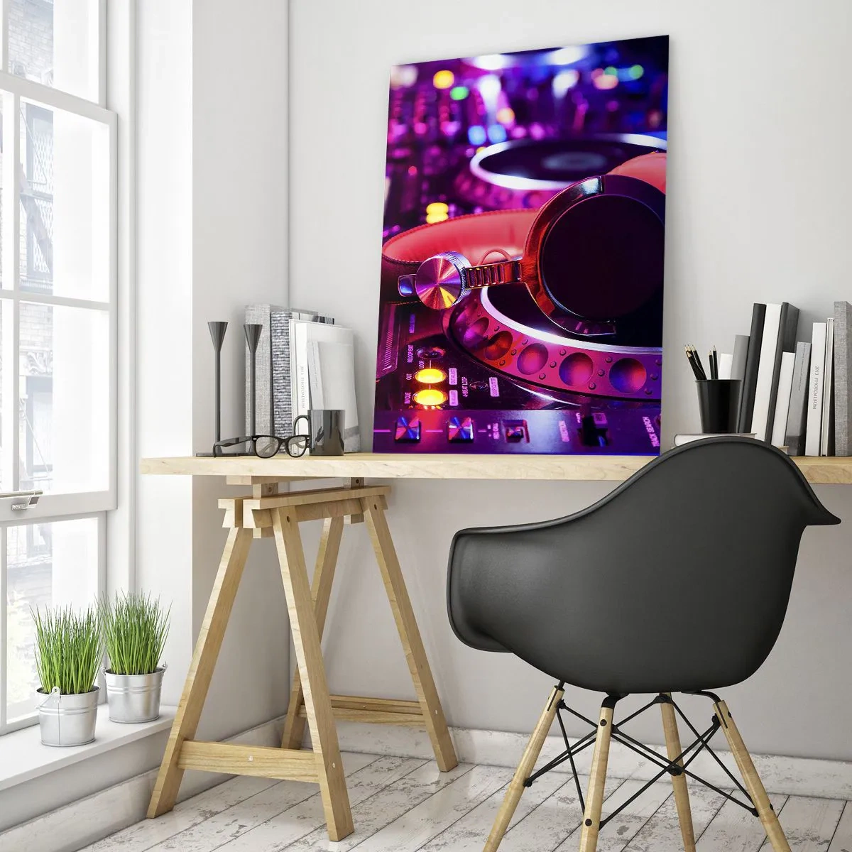 Obraz na szkle - Kolorowy sprzęt DJ z czerwonymi słuchawkami - 50x70cm - Zanim się zacznie zabawa - Nowoczesna dekoracja ścienna do salonu, kuchni i sypialni ARTTOR