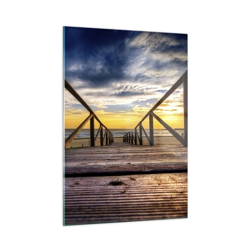 Obraz na szkle - Pomost prowadzący na plażę o zachodzie słońca - 50x70cm - Prosto na cichą plażę o zachodzie słońca - Nowoczesna dekoracja ścienna do salonu, kuchni i sypialni ARTTOR