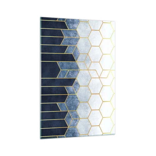Obraz na szkle - Geometryczny wzór w odcieniach złota i granatu - 70x100cm - Kompozycja w synkopowym rytmie - Nowoczesna dekoracja ścienna do salonu i sypialni ARTTOR