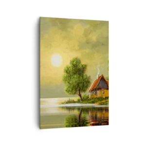 Obraz na płótnie - Dom nad jeziorem w świetle zachodzącego słońca - 70x100cm - Pięknie, jak z obrazka - Nowoczesna dekoracja ścienna do salonu i sypialni ARTTOR