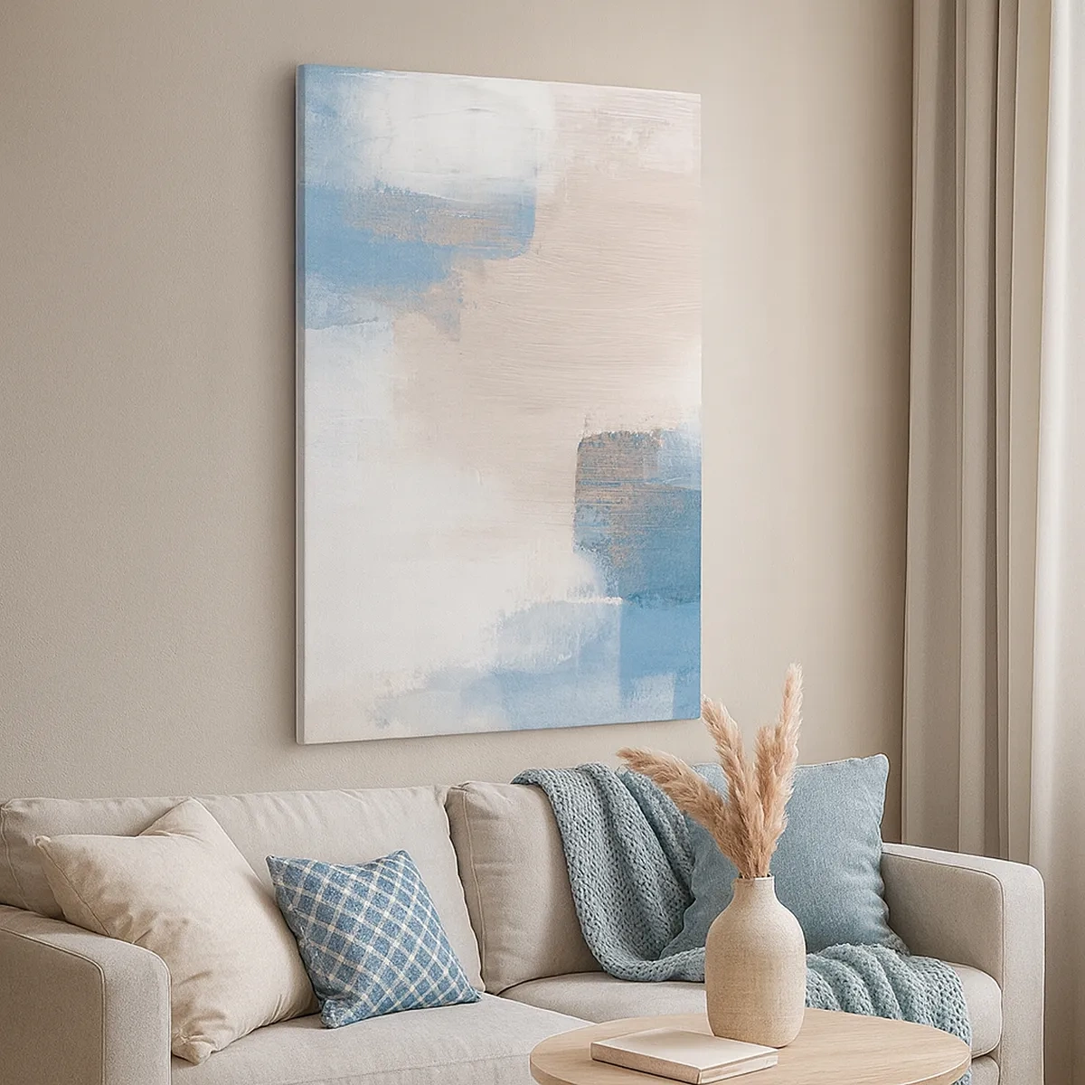 Obraz na płótnie - Abstrakcyjny obraz w odcieniach beżu i błękitu inspirowany naturą - 50x70cm - Abstrakcja różowa za zasłoną błękitu - Nowoczesna dekoracja ścienna do salonu, kuchni i sypialni ARTTOR