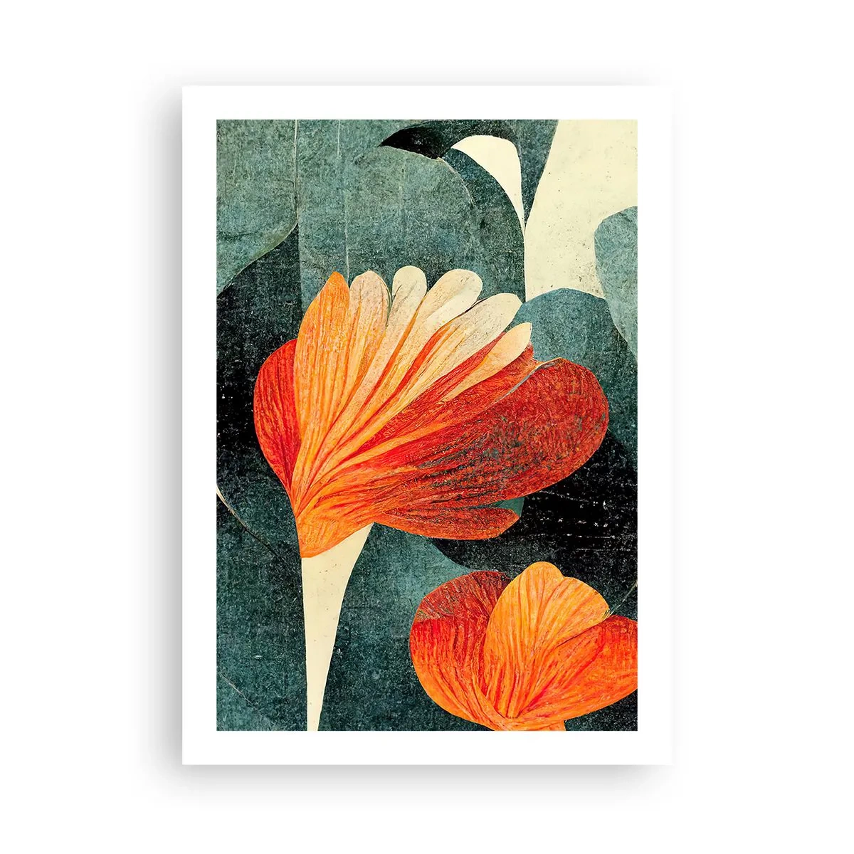 Plakat - Abstrakcyjne kwiaty w odcieniach pomarańczu i zieleni - 50x70cm - Żar tropików i chłód zieleni - Nowoczesna dekoracja ścienna do salonu, kuchni i sypialni ARTTOR