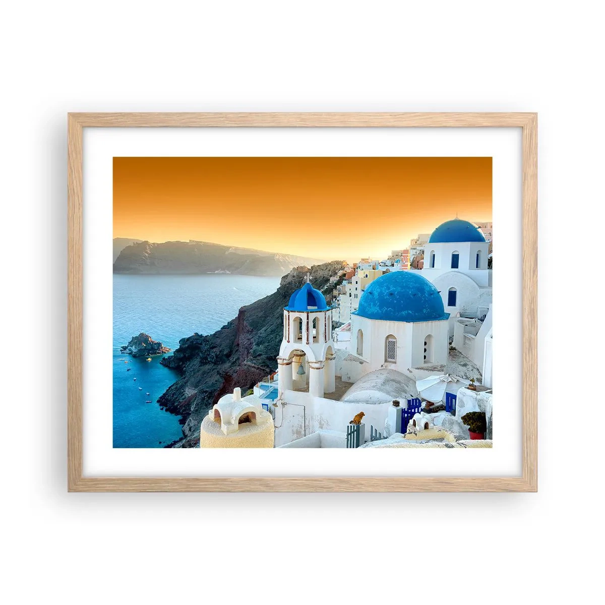 Plakat w ramie jasny dąb - Santorini - przytulone do skał - 50x40 cm