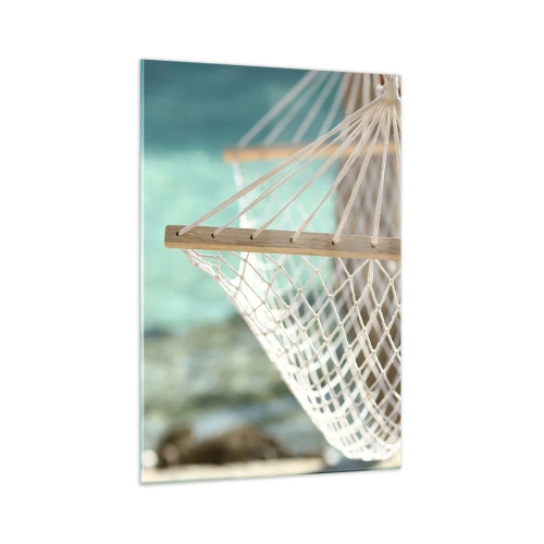 Obraz na szkle - Hamak z widokiem na turkusową wodę - 70x100cm - Czas relaksu - Nowoczesna dekoracja ścienna do salonu i sypialni ARTTOR