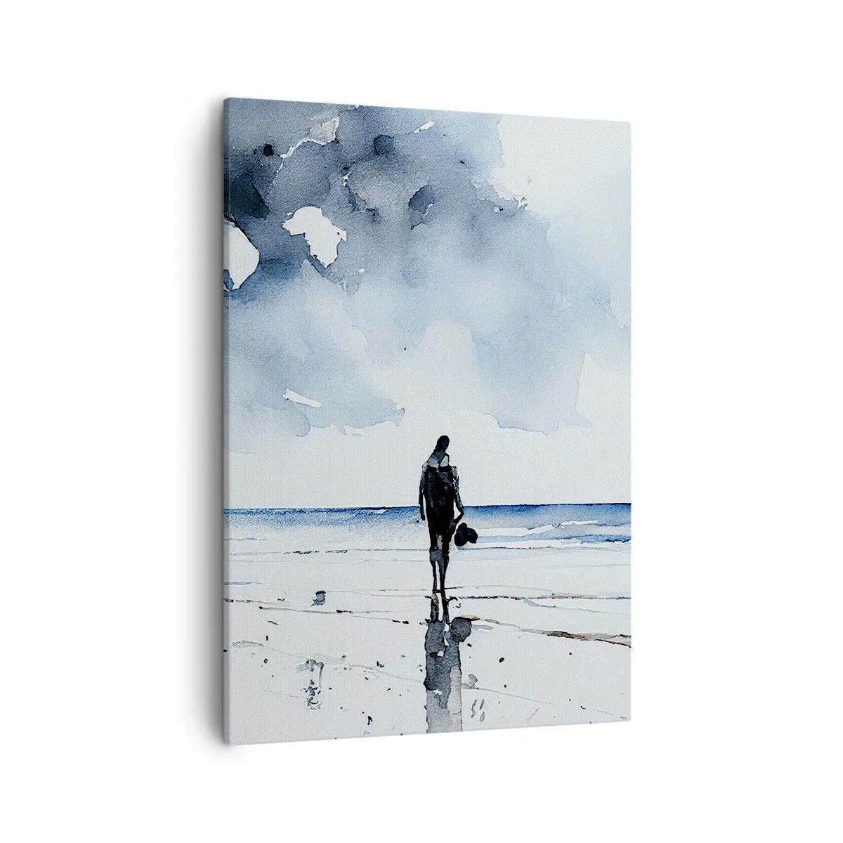 Obraz na płótnie - Akwarelowy obraz przedstawiający samotną postać spacerującą po plaży pod pochmurnym niebem - 50x70cm - Rozmowa z morzem - Nowoczesna dekoracja ścienna do salonu, kuchni i sypialni ARTTOR