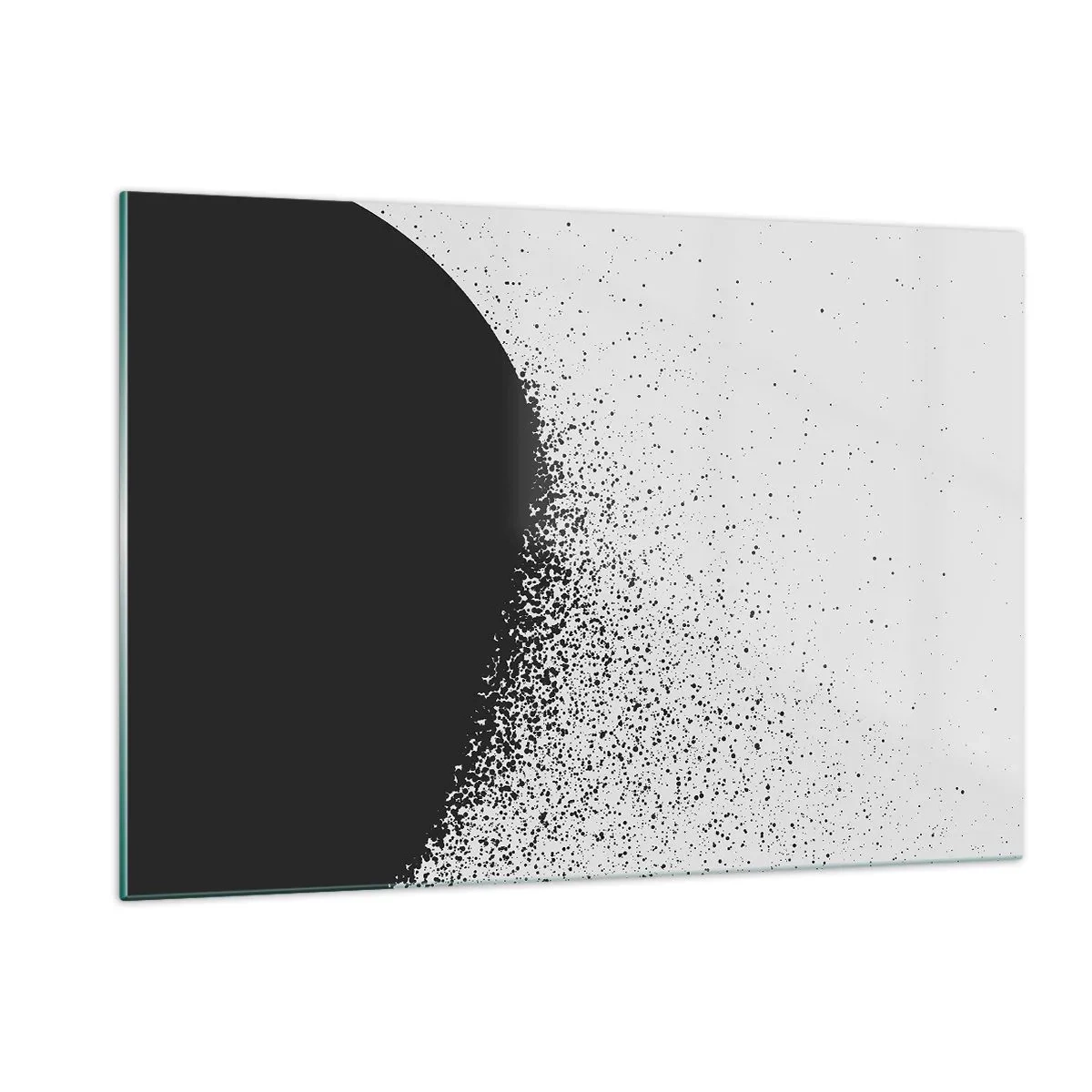 Obraz na szkle - Abstrakcja czarnej masy rozpadającej się na białym tle - 120x80cm - Ruch cząsteczek - Nowoczesna dekoracja ścienna do salonu, kuchni i sypialni ARTTOR