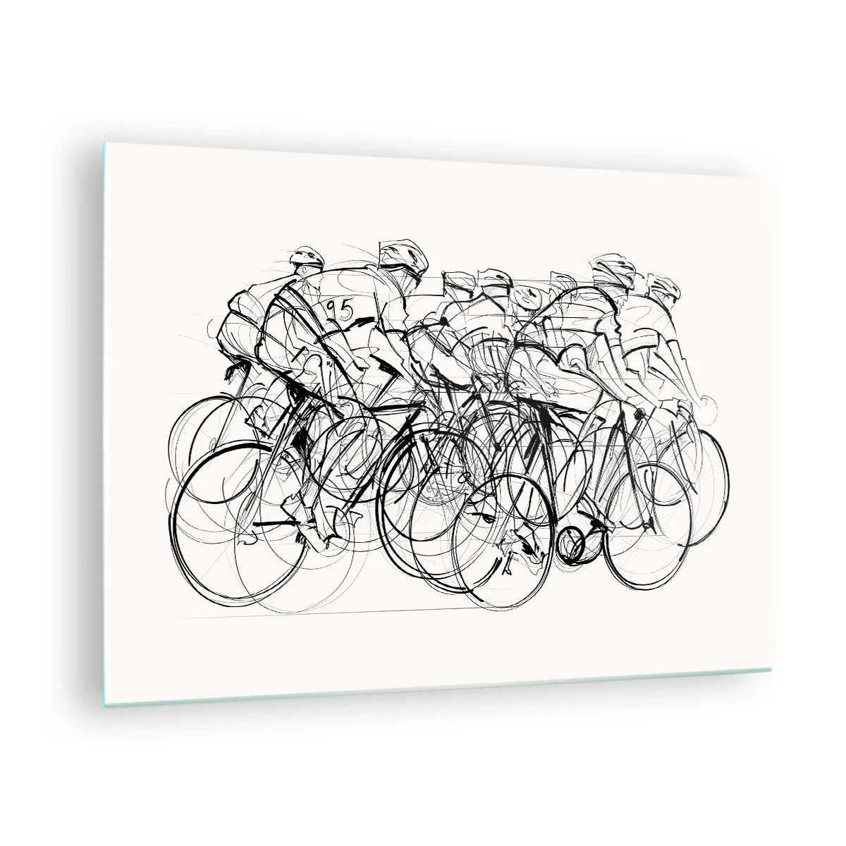 Obraz na szkle - Szkic grupy rowerzystów podczas wyścigu na białym tle - 70x50cm - Wespół w zespół - Nowoczesna dekoracja ścienna do salonu i sypialni ARTTOR