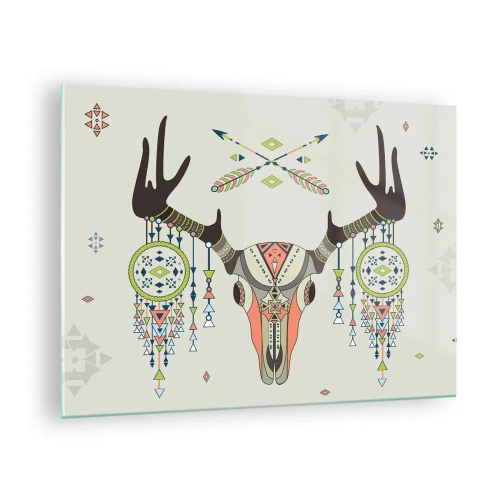 Obraz na szkle - Symboliczne rogi i wzory indiańskie na jasnym tle - 70x50cm - Trofeum indiańskiego łowcy - Nowoczesna dekoracja ścienna do salonu i sypialni ARTTOR