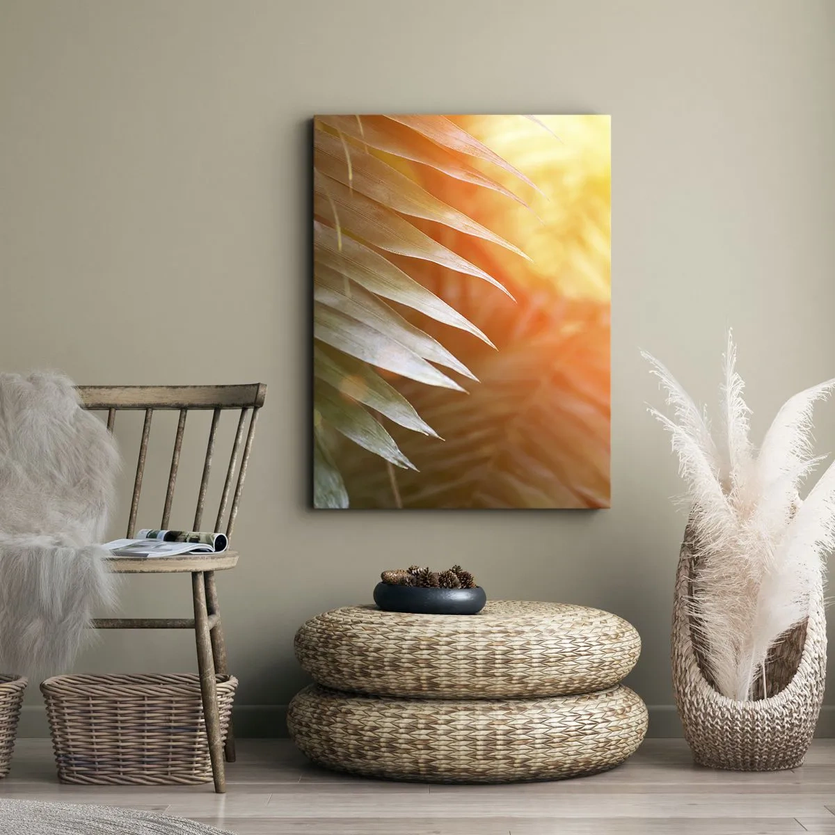 Obraz na płótnie - Zbliżenie liści palmy w ciepłym świetle poranka - 50x70cm - Poranek w dżungli - Nowoczesna dekoracja ścienna do salonu, kuchni i sypialni ARTTOR