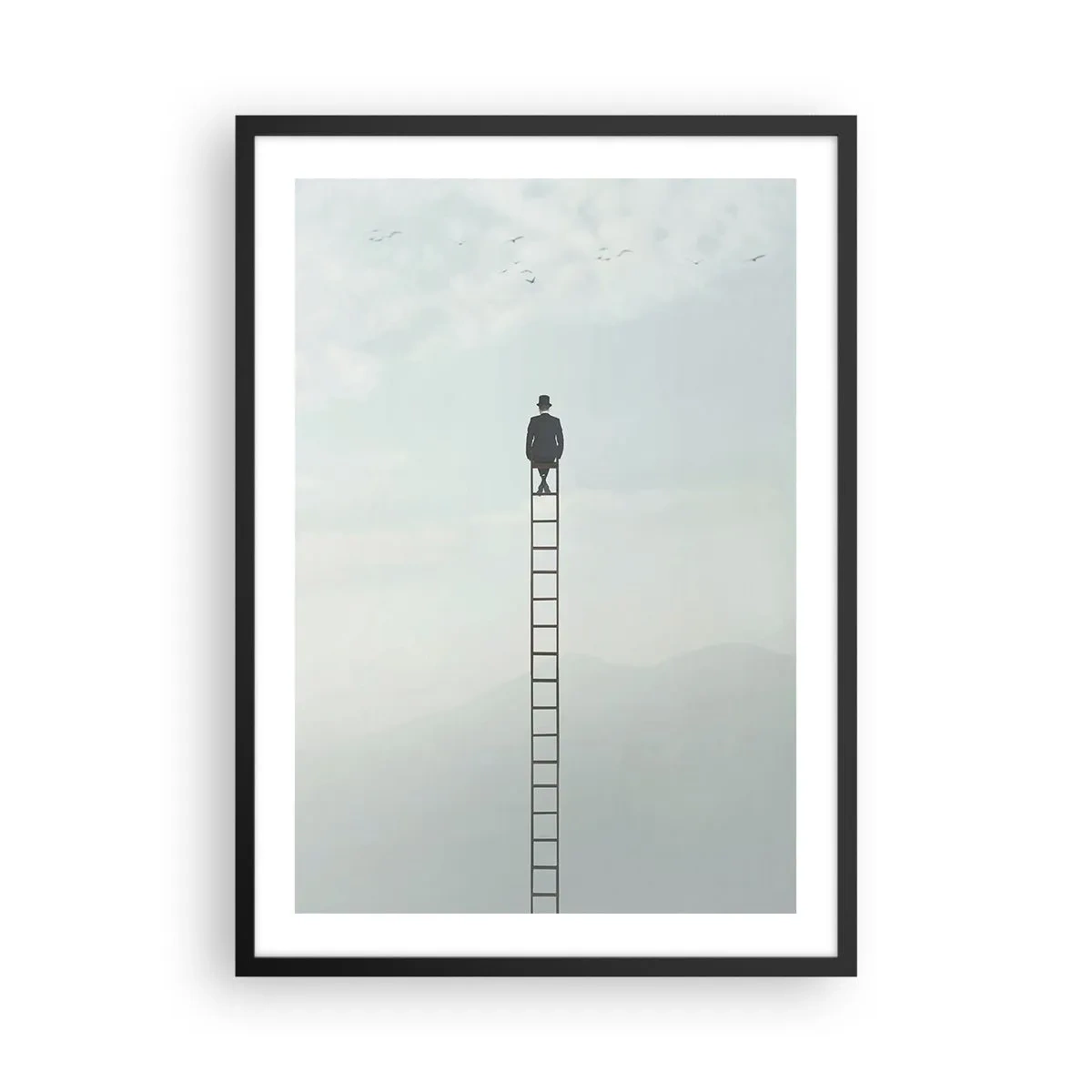 Plakat w czarnej ramie - Człowiek na drabinie patrzący na niebo - 50x70cm - Wznieś się ponadto - Nowoczesna dekoracja ścienna do salonu i sypialni ARTTOR