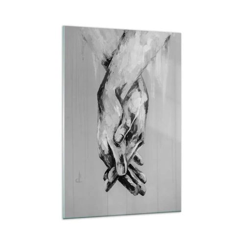 Obraz na szkle - Czarno-biała kompozycja dwóch splecionych dłoni na jasnym tle - 80x120cm - Początek… - Nowoczesna dekoracja ścienna do salonu i sypialni ARTTOR