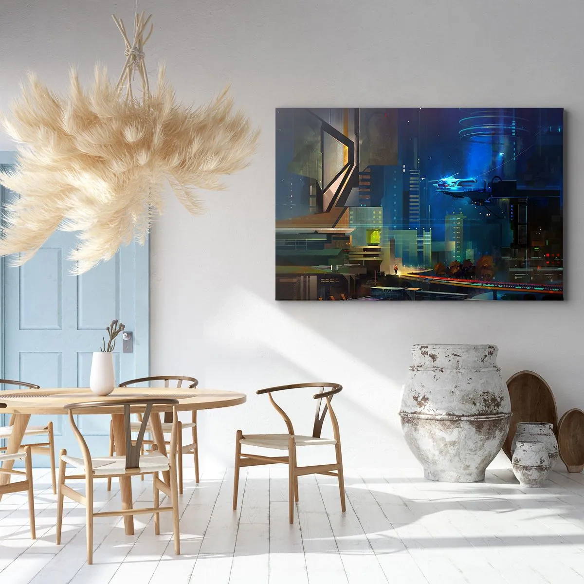Obraz na płótnie - Futurystyczne miasto nocą z neonami i latającym pojazdem - 120x80cm - W niedalekiej przyszłości - Nowoczesna dekoracja ścienna do salonu, kuchni i sypialni ARTTOR