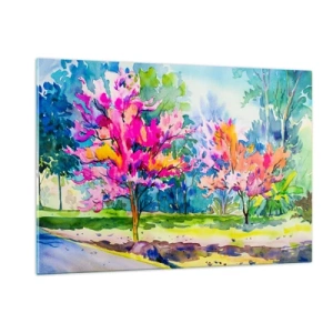 Obraz na szkle - Kolorowe drzewa w parku namalowane akwarelową techniką - 120x80cm - Tęczowy ogród w wiosennym blasku - Nowoczesna dekoracja ścienna do salonu, kuchni i sypialni ARTTOR