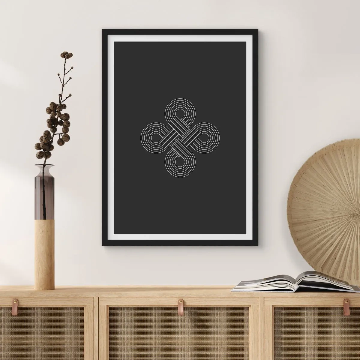 Plakat w czarnej ramie - Geometryczny symbol na czarnym tle - 50x70cm - W duchu celtyckim - Nowoczesna dekoracja ścienna do salonu i sypialni ARTTOR