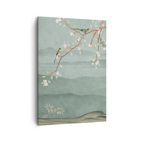 Obraz na płótnie - Delikatna ilustracja kwitnących gałęzi i ptaków na tle zielonych wzgórz. - 50x70cm - Wiosna, ach, to ty - Nowoczesna dekoracja ścienna do salonu, kuchni i sypialni ARTTOR